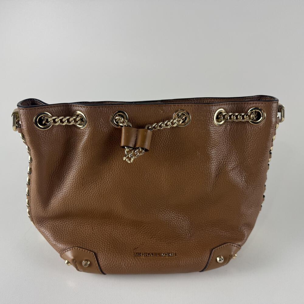 Michael Kors Alamis Bucket Bag Womens Medium Brown Leather Chain Strap Purse